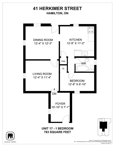 A black and white image of a floor plan for a unit at 41 Herkimer Street, Hamilton, ON.